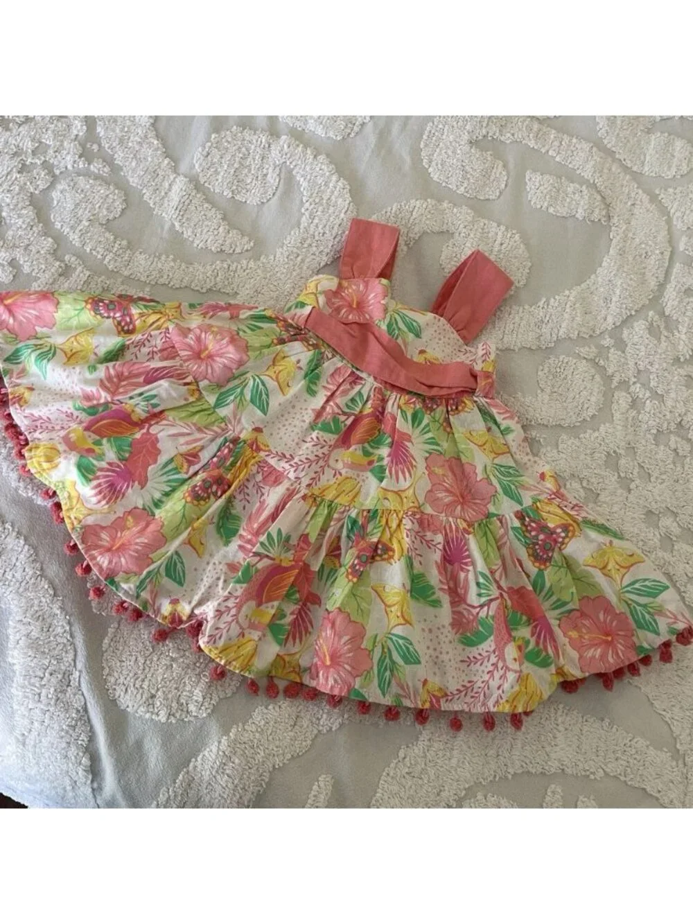 NWT Tommy Bahama Pompom Dress Baby Girl 12-18M Tropical Vacation Linen